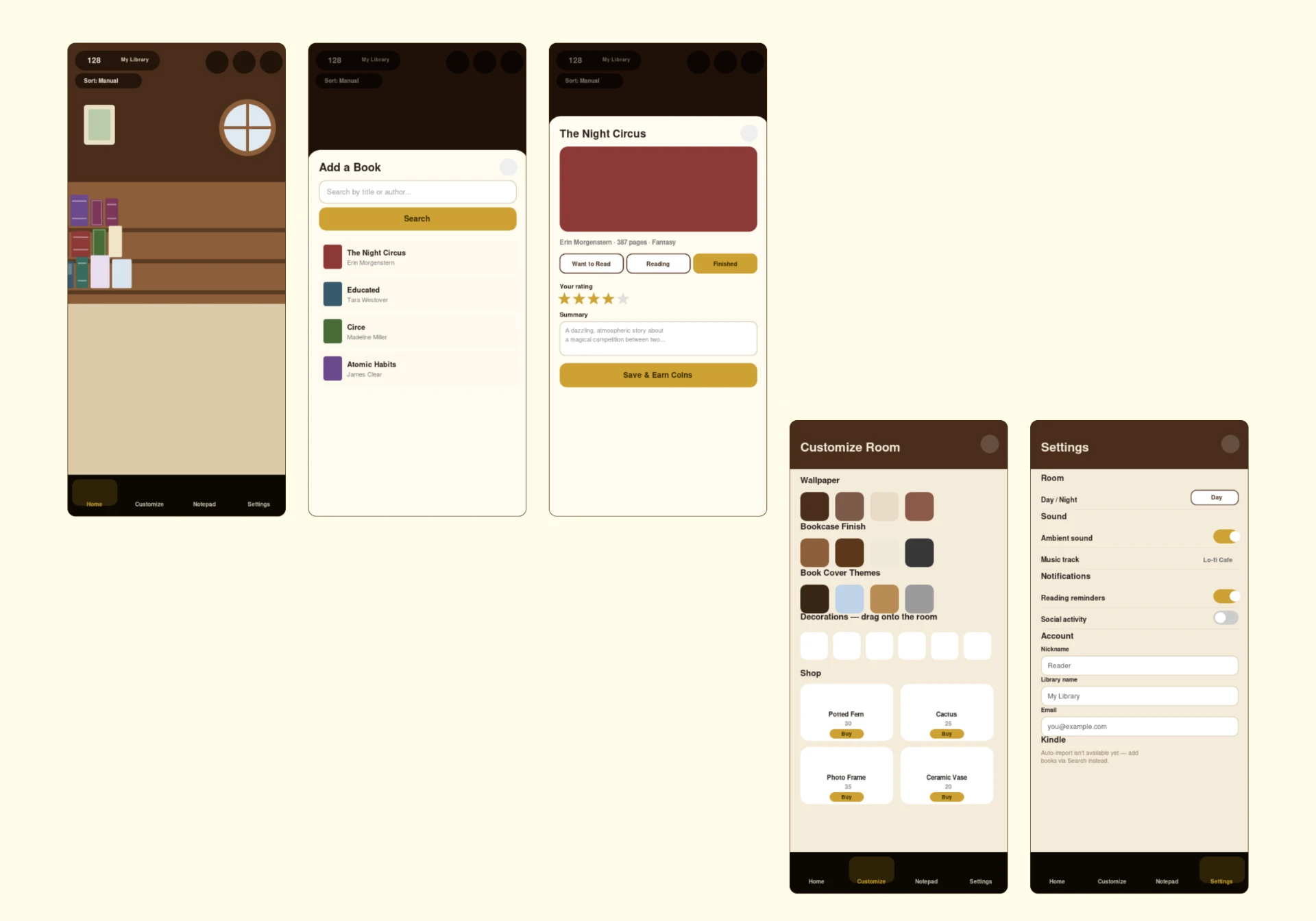 Once Upon a Shelf mobile app screens showing library, add a book, book details, customize room, and settings